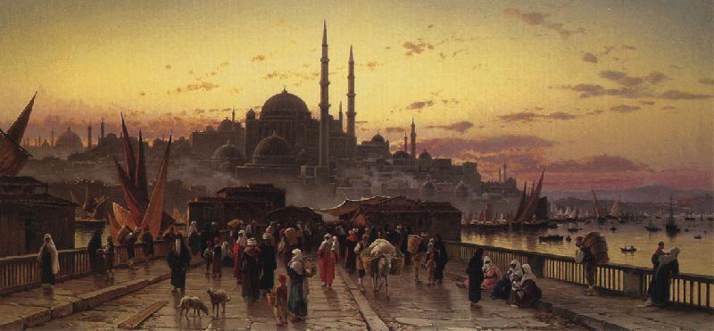 Hermann David Solomon Corrodi Dusk on the Galata Bridge and the Yeni Valide Djami, Constantinople France oil painting art